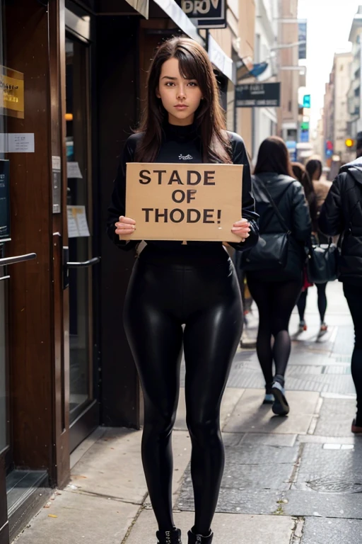 A woman wearing full-body tights holding up a sign