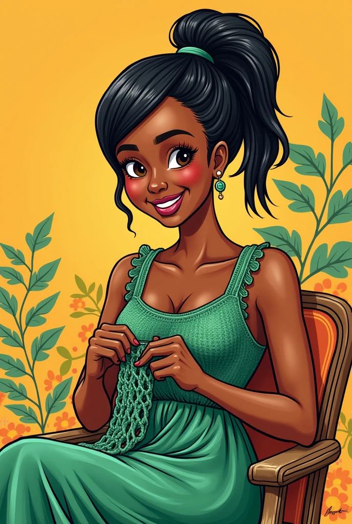 Mascot drawing for Instagram of a 50-year-old black Brazilian woman with straight hair to her shoulders and all tied up like a ponytail , wearing a green crochet dress that goes up to the knee and sitting crocheting on a chair and outgoing personality.