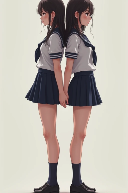 ((best quality)), ((masterpiece)), (detailed), Two girls stand and touch their butts to each other and compare the length of their legs. Their torsos are the same length, but their legs are different. School sailor suit. very sexy. (((((190cm))))), short body, (((((very very long legs)))))
