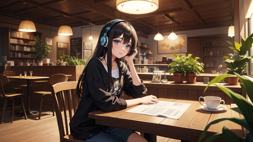 (masterpiece:1.3),(Highest quality:1.4),超High resolution,(Detailed facial features),(Detailed clothing features),High resolution,8k解像度, Awards, 8k,wallpaper,A beautiful and cute 20-year-old girl wearing headphones, studying in a cozy city cafe. The scene should depict a relaxed and serene atmosphere, with warm lighting and a soft, dreamy background. The girl has long, flowing hair, is dressed casually in comfortable clothes, and is surrounded by books and a laptop. The cafe interior is stylish, with wooden tables, plants, and a large window showing a peaceful urban street outside.