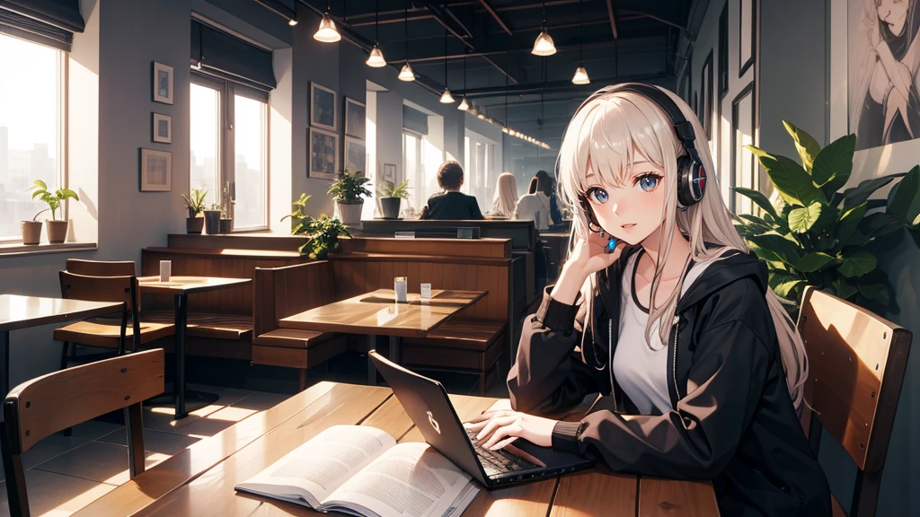 (masterpiece:1.3),(Highest quality:1.4),超High resolution,(Detailed facial features),(Detailed clothing features),High resolution,8k解像度, Awards, 8k,wallpaper,A beautiful and cute 20-year-old girl wearing headphones, studying in a cozy city cafe. The scene should depict a relaxed and serene atmosphere, with warm lighting and a soft, dreamy background. The girl has long, flowing hair, is dressed casually in comfortable clothes, and is surrounded by books and a laptop. The cafe interior is stylish, with wooden tables, plants, and a large window showing a peaceful urban street outside.