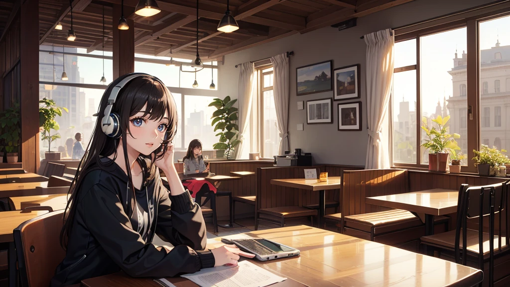 Girl with headphones enjoying music in a cafe I am studying Emphasize a little bit of the chest