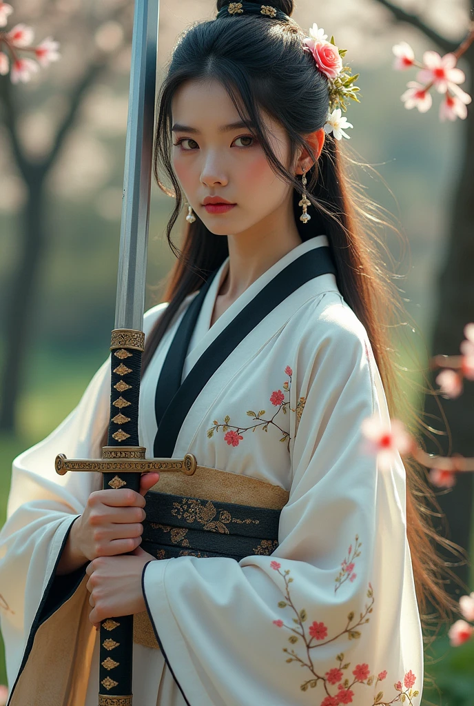 creates a realistic image, a beautiful japan woman with long flowing hair wearing a long-sleeved Japanese kimono dress with detailed images of yaezakura flowers in certain parts of each piece of the dress, the part of the dress looks complicated but very elegant, the dress is white with the top of the neck of the dress black and the cuffs are white with a mix of colors, the dress is very complicated but cool, the dress is captivating with its beauty, so enchanting with real beauty, very realistic, holding a long katana sword with intricate and beautiful details on each blade, holding it with both hands hand and holding it to the side, the background of a peaceful forest in spring in Japan, realistic, cinematic, photographic