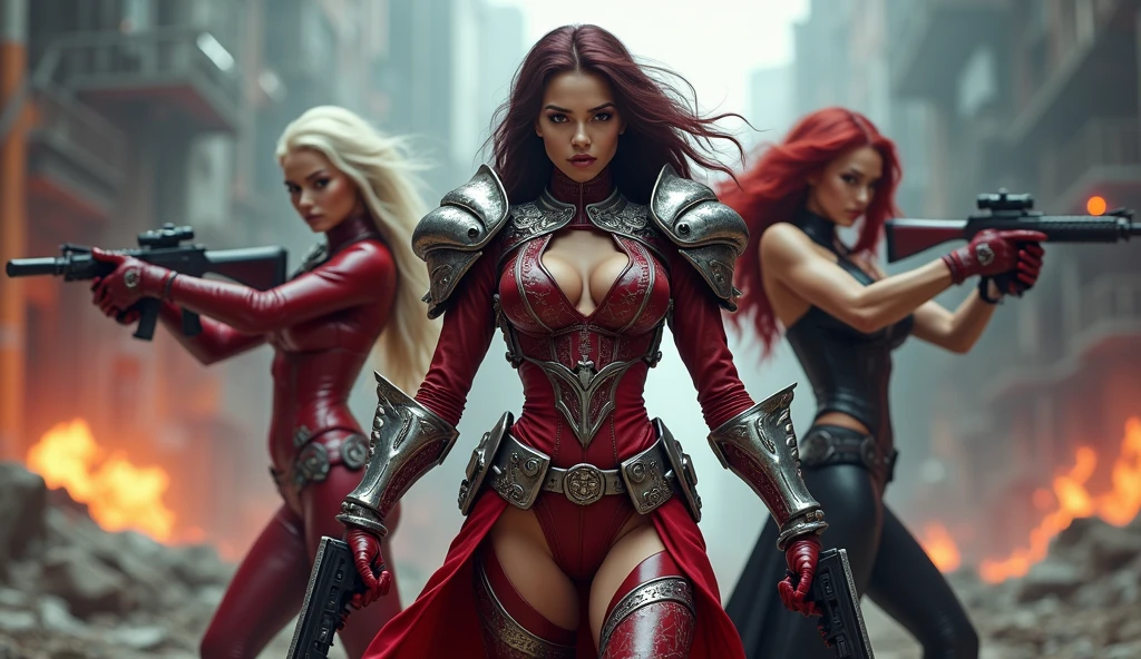 three women in red and black outfits holding guns in a city, lady in red armor, red armor, alena aenami and artgerm, fantasy style 8 k octane render, blood red armor, cinematic cgsociety, silver armor and red clothing, katarina from league of legends, shot from cinematic, diablo 4 queen, diablo 4 lilith, red leather armor