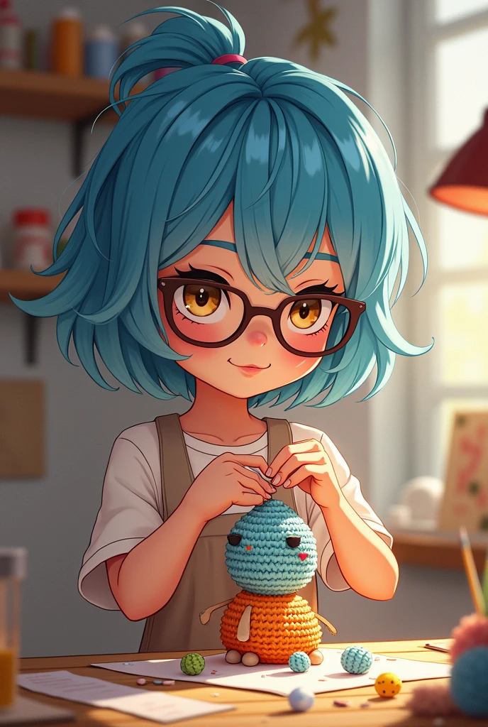 young woman with blue hair and brown eyes wearing glasses making amigurumi cartoon drawing
