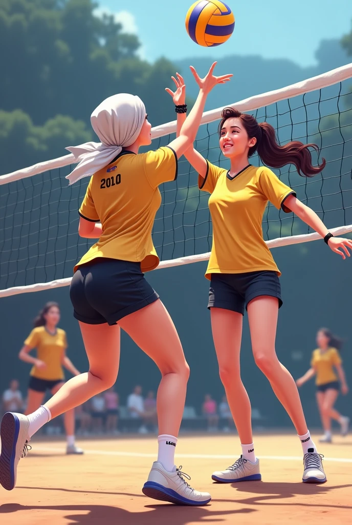 2 woman wearing volleyball jersey, volleyball shoes, socks and cuffs, hijab sorong and black bracelet with black ring and her hand hitting a volleyball
