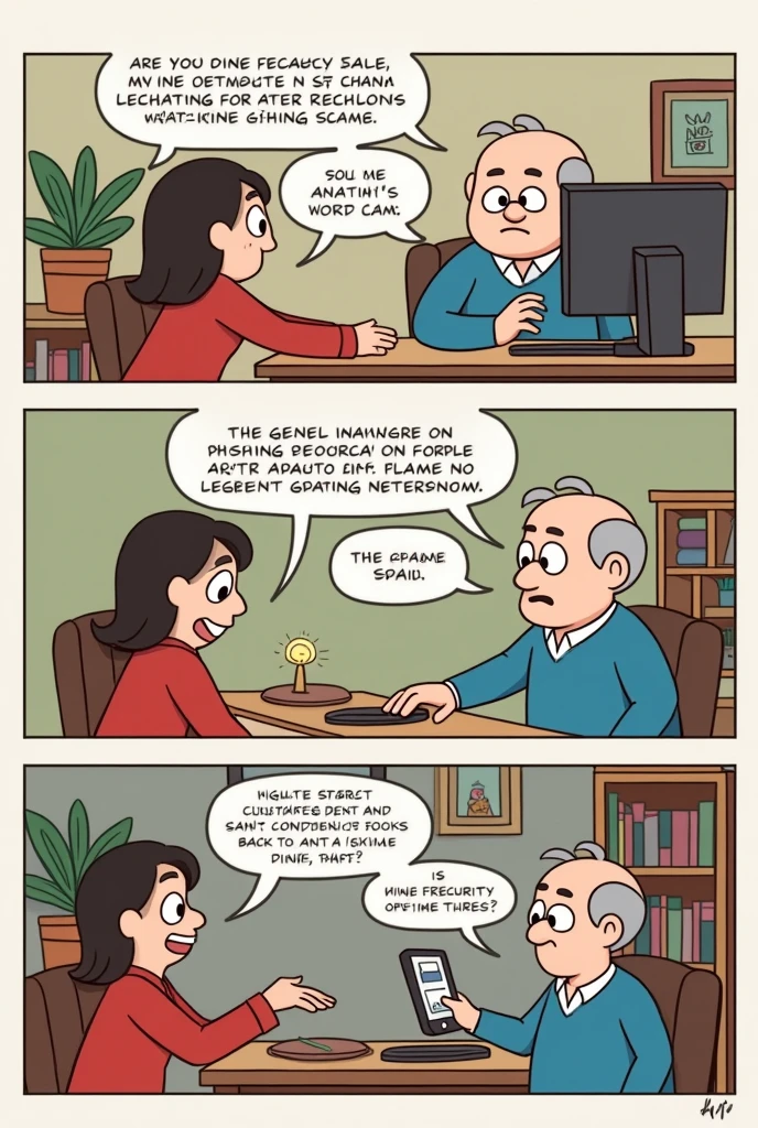 ENGLISH SUBTITLE with back and forth conversation
COMICS STRIP ABOUT : *The Online Security Debate*
*Panel 1:*
- *Setting:* A cozy living room with a TV in the background.
- *Characters:* A young adult (Digital Native) and an older adult (Digital Immigrant).
- *Dialogue:*
- Digital Immigrant: "I got an email saying I won a prize! Should I click the link?"
- Digital Native: "No! It’s a phishing scam! You could get hacked."
*Panel 2:*
- *Setting:* The young adult is sitting at a computer desk, frustrated.
- *Characters:* Same as the first panel.
- *Dialogue:*
- Digital Immigrant: "But how can you tell? It looks so real!"
- Digital Native: "The URL is suspicious, and they’re asking for personal information. Always check before you click anything."
*Panel 3:*
- *Setting:* The older adult now looking bewildered, holding a smartphone.
- *Characters:* Same as before.
- *Dialogue:*
- Digital Immigrant: "This is too complicated! Back in my day, we just trusted what was in our mail."
- Digital Native: "Times have changed. Online safety is a must now!"