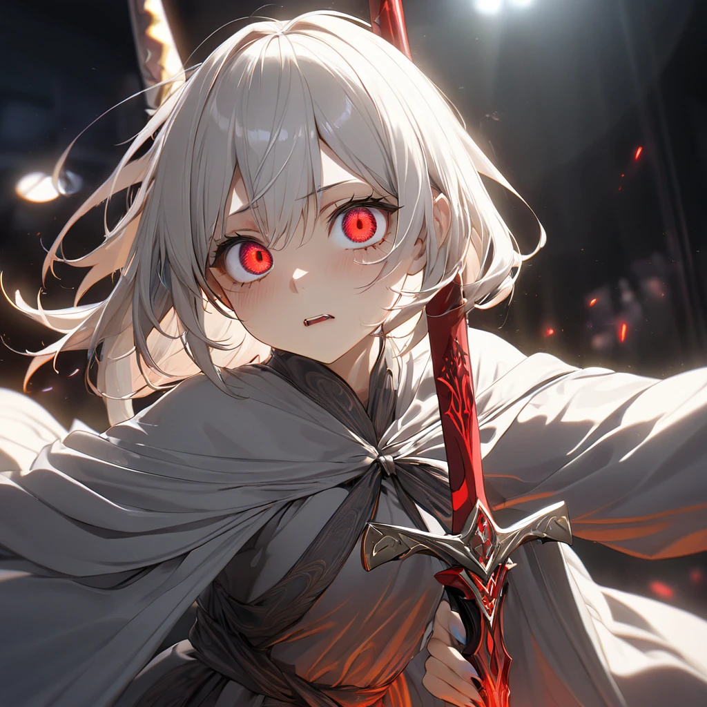 最high quality, wonderful_delicate, wonderful delicate eyes, Super detailed, beautiful, 8k , One girl, Red eyes, evil, Facial Contour,(Absurd, High resolution, Super detailed), masterpiece, The perfect solution, wonderfulディテール, Super Detailed, Cinema Lighting, Ray Tracing, Depth of written boundary, Cinema Lighting, Ray Tracing, 超High resolution, Attention to detail, 最high quality, High resolution, high quality, Awards, Super Detail, masterpiece, 8k, 超High resolution, Attention to detail, 最high quality, High resolution, high quality, Awards, Super Detail, masterpiece, 8k, Digital Art, Anime Coloring,シャープなフォーカス 完璧なボディを持つbeautiful女性, Slim abdomen, Highly detailed face and skin texture, Detailed eyes, albino, ((Long white hair, White skin, Red eyes)), Knight, Black magic sword, (A great sword engraved with red runes.), Crazy Eyes, Troublesome Cheeks, Wearing a gray robe