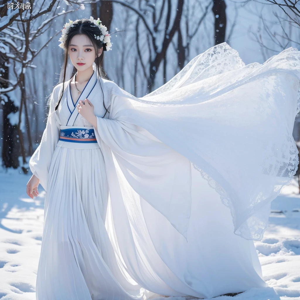 Best image quality，Very detailed，Very high resolution，Perfect body proportions，Works of top photographers。Beautiful Hanfu girl，Long eyelashes，big eyes，Shining eyes，Eye bags，Full lips，Small nose，Happy expression，Sweet，Exquisite makeup，full-body shot，snow White, The legs are thin and straight，Snow-white skin，White embroidered skirt，neckLace，Showing long legs，Lace，Sweet，Long hair flying，best quality，masterpiece，，Imagine，Seven-part shooting model: Hanfu, CFG scale: 7, Lola: Future Fashion(0.4)、rainbow(0.4)、Martial Arts(0.2)、Asian face woman-2(0.4)、Poetic fairy tale(0.01)