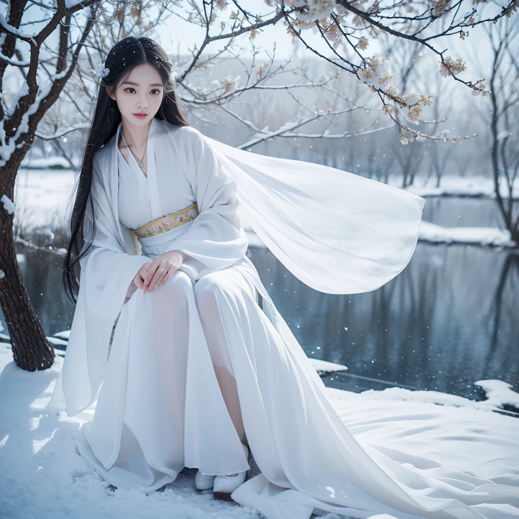 Best image quality，Very detailed，Very high resolution，Perfect body proportions，Works of top photographers。Beautiful Hanfu girl，Long eyelashes，big eyes，Shining eyes，Eye bags，Full lips，Small nose，Happy expression，Sweet，Exquisite makeup，full-body shot，snow White, The legs are thin and straight，Snow-white skin，White embroidered skirt，neckLace，Showing long legs，Lace，Sweet，Long hair flying，best quality，masterpiece，，Imagine，Seven-part shooting model: Hanfu, CFG scale: 7, Lola: Future Fashion(0.4)、rainbow(0.4)、Martial Arts(0.2)、Asian face woman-2(0.4)、Poetic fairy tale(0.01)