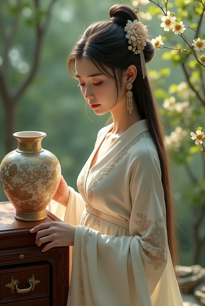 a beautiful girl in traditional chinese dress touching a large antique Chinese case, detailed face, long hair, elegant posture, antique chinese vase, intricate floral patterns, natural lighting, photorealistic, highly detailed, 8k, ultra-detailed, realistic, masterpiece, cinematic lighting, warm color palette, detailed fabric textures, flowing dress, delicate jewelry, pensive expression, serene atmosphere, natural setting, lush greenery, muted colors