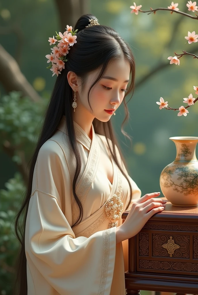 a beautiful girl in traditional chinese dress touching a large antique Chinese case, detailed face, long hair, elegant posture, antique chinese vase, intricate floral patterns, natural lighting, photorealistic, highly detailed, 8k, ultra-detailed, realistic, masterpiece, cinematic lighting, warm color palette, detailed fabric textures, flowing dress, delicate jewelry, pensive expression, serene atmosphere, natural setting, lush greenery, muted colors