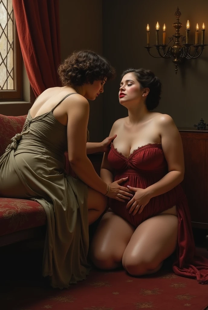 photography of a beautiful 2 woman with very short curly hair. She has a voluptuous chubby body and a beautiful face with eyes closed. She is of Italian heritage with pale skin. She is naked. She kneels on a sofa on all fours while her man servant serves her sexual desires from behind. In a lavish chamber inside of her kingdom's great medieval castle. His hand on her ass. Very fine but visible brush strokes. dark warm color palette, dim candlelight, dark room 