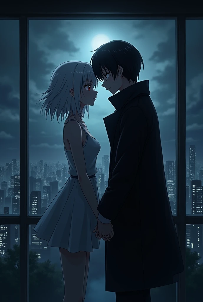 The image is anime style cowboy bebop and Darker than black with shadows and dim lights, anime style although somewhat adult and dark, It shows a single 26-year-old albino woman., white hair and red eyes, She is wearing a short white dress and is holding hands with a 2 black-haired man wearing a long black windbreaker.. They are both in a room that has glass walls from which you can see the daytime image of a large city..