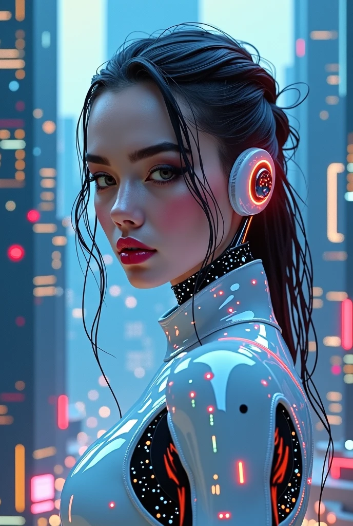 The magazine cover should feature a cyborg girl, organically integrated into advanced technologies, futuristic cityscape. Use the holographic overlay effect, to make the character and the city glow with a surreal and modern charm. Include augmented reality elements, which readers can interact with using their smartphones, to access additional digital content.