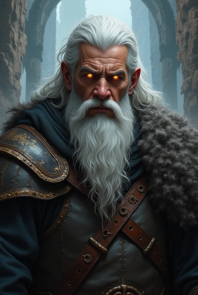 Dark warrior in dark armour with a long white beard, heroic fantasy character, painted portrait of rugged odin, fantasy digital art style