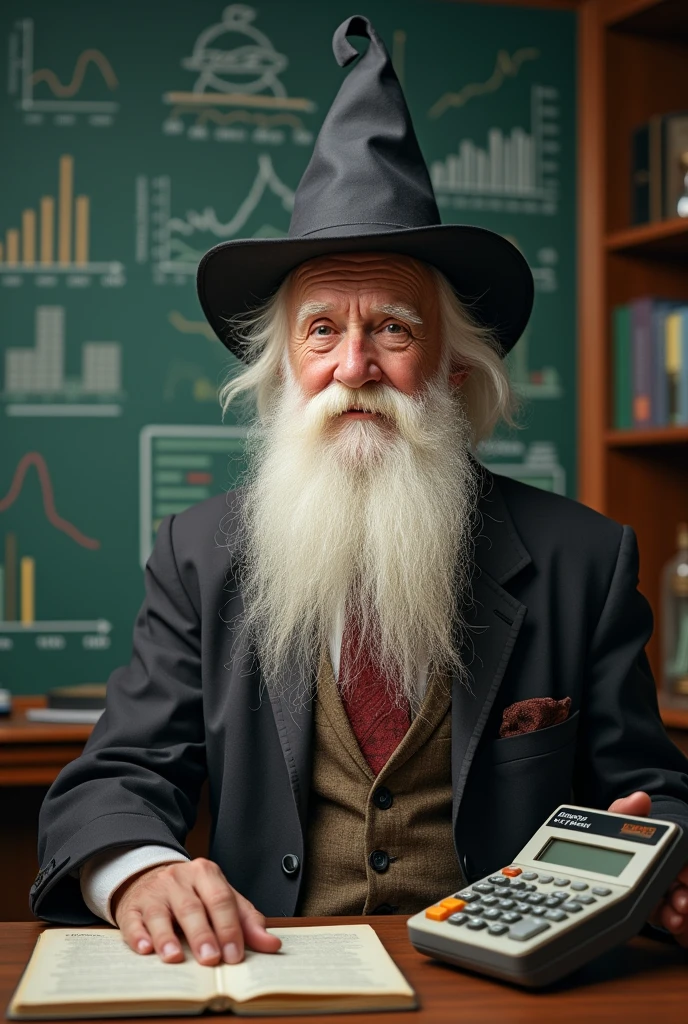 I would like a profile photo for Instagram and YouTube of an alchemist economist character, where the character must have an alchemist hat, with a jacket and tie, and wearing a long white beard in a very nice office with a blackboard behind, with economy charts. The profile must be funny and with an hp-12c calculator next to it