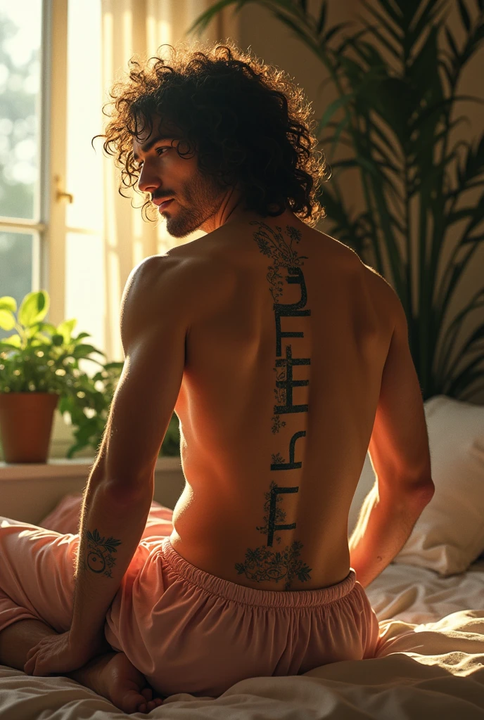 (photorealism:1.2), beautiful man and his name is ARIFUL written in his body, and
this name is written back side wearing loose off-shoulder top, pajama pants, long curly hair, indoors, soft lighting, plants in background, window with sunlight, cozy room, relaxed pose, realistic, intricate details, warm colors, by Greg Rutkowski, by Alphonse Mucha
