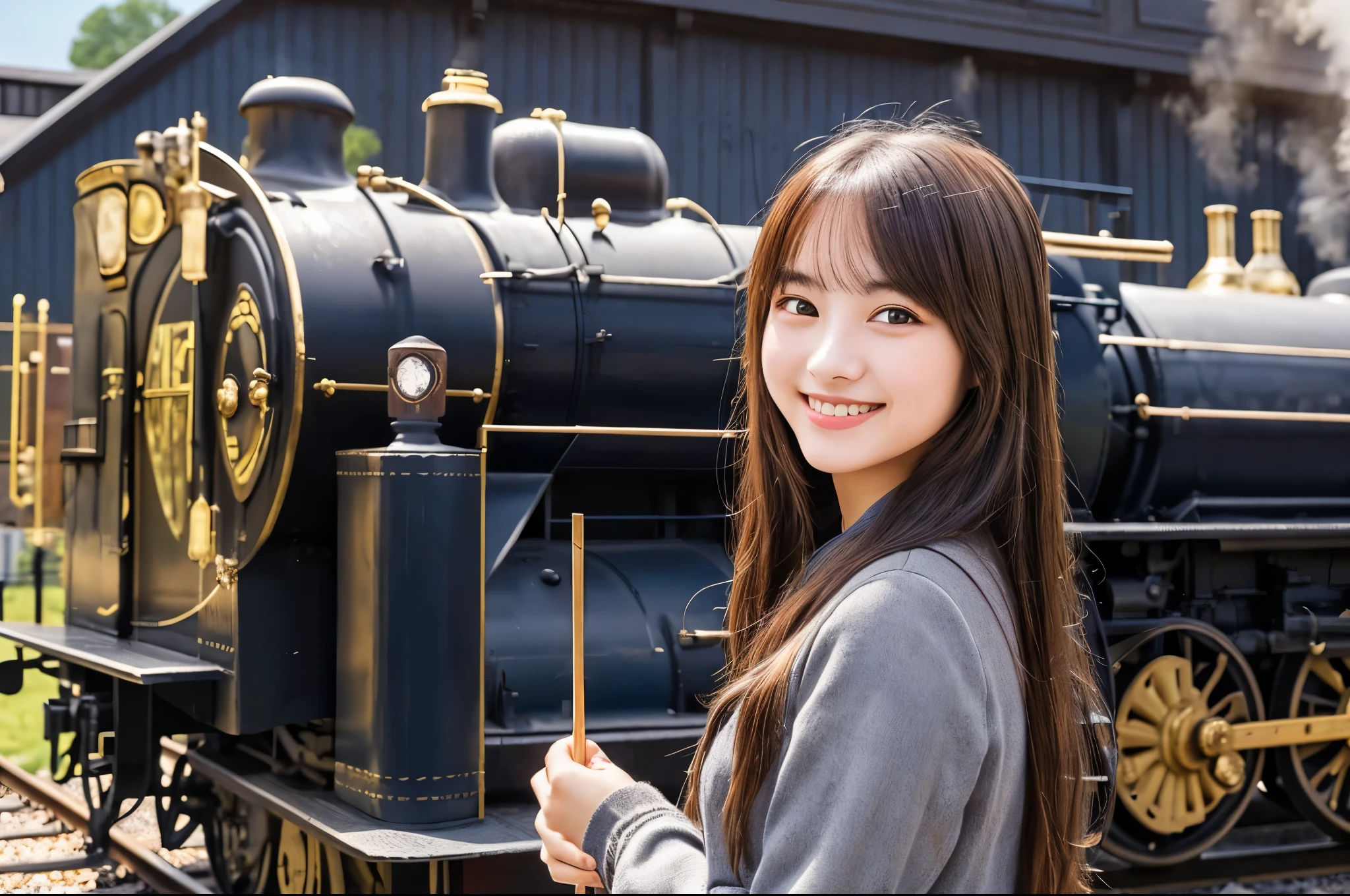 Highest quality masterpiece detailed A very cute girl smiles and stands in front of a steam locomotive Photo style Real Fantasy Close-up
