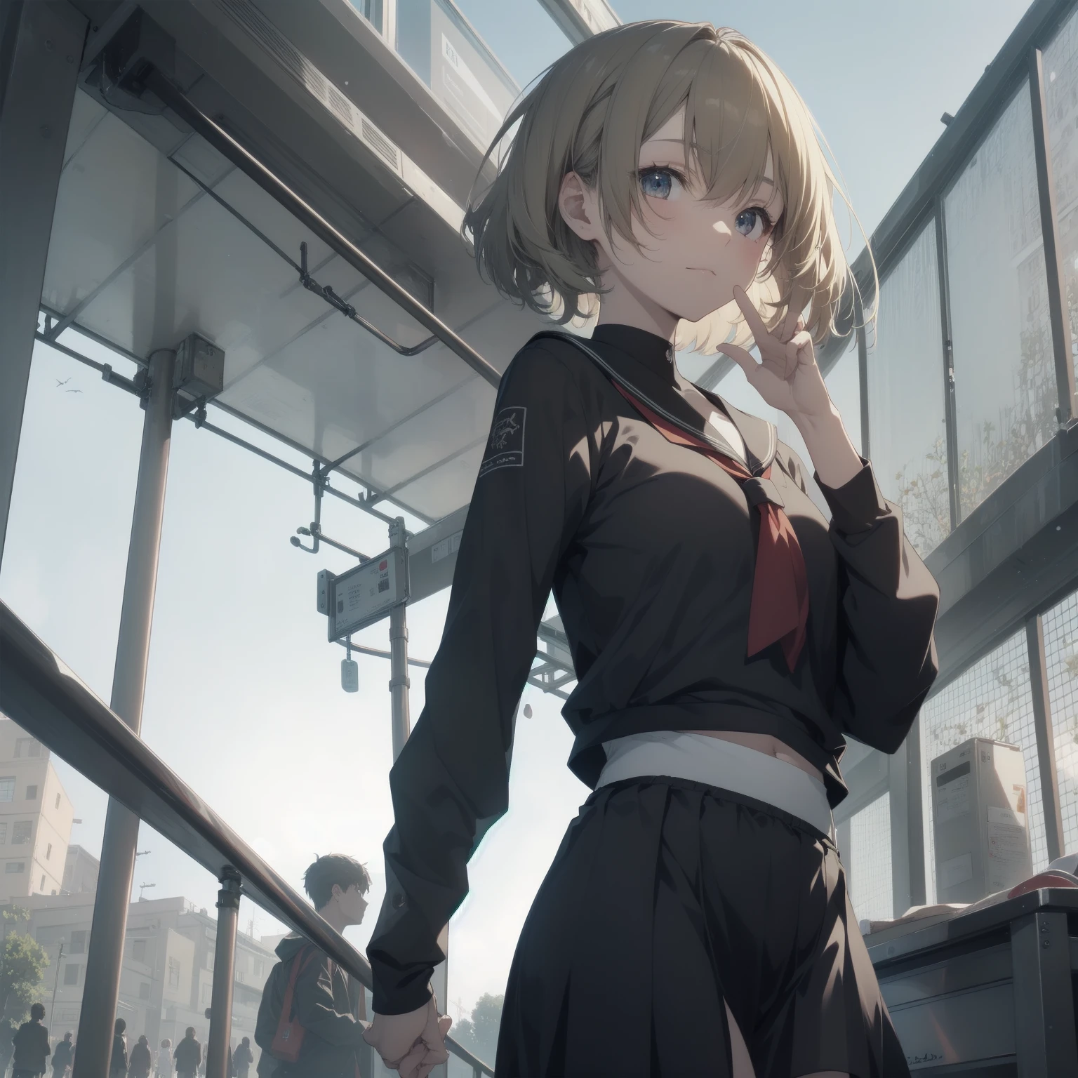 ultra-absurdres-Top quality by artist God, ultra-detailed, high resolution, anime moe artstyle, best anime 8k konachan wallpaper, pixiv contest winner, pool:2810, perfect anatomy,break, 1girl, (Please draw a girl walking sleepily to school alone. )break,(Solo,little female,15yo:1.3),Full limbs, ,a junior high school student, (very short hair), short cut, flat chest, , small butt, small black eyes, beautiful detailed eyes, well-proportioned iris and pupils, expressive eyes, highres detailed hair, soft expression, salor school_uniform, sailor collar, serahuku, bow, pleated skirt,(Detailed Lighting), (Detailed background), in the School commute route. break,super detailed skin, Best cinematic lighting powered by famous artist, 8k,beauty illustration,photoshop_(medium),very aesthetic,break,((artist:takeuchi_takashi )), artist:clamp ,artist:carnelian ,artist:kantoku ,