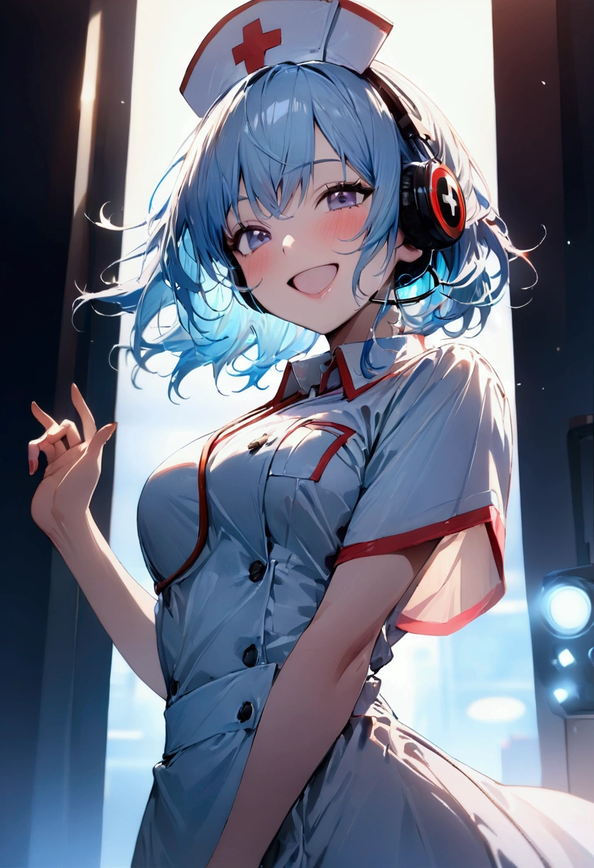 Light blue hair color,Shortcuts,woman,Nurse uniform,Nurse cap,Cinema Lighting, (masterpiece:1.2), 最high quality, high quality, High resolution, (Super detailed), Detailed Background, One person,headphone,smile,Light background,indoor,Have fun and laugh,