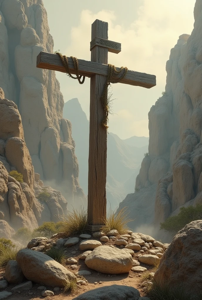 The Scene of the Crucifixion of Jesus Christ. The Empty Cross on the Rocks
