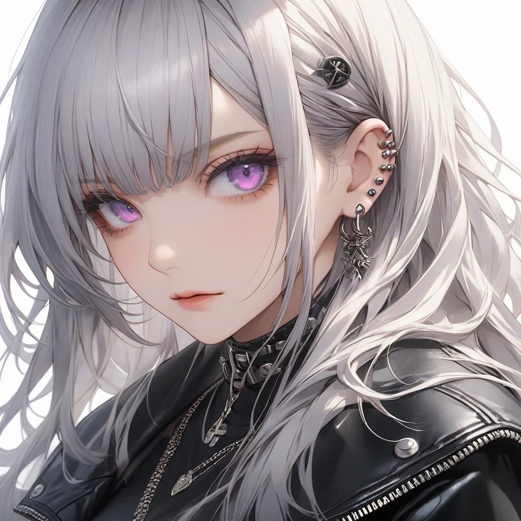 high resolution, Masterpiece, Anatomically correct, precise, qualityที่ดีที่สุด, quality, 1 woman, Age 25 years ,long hair, silver hair, purple eyes, big breasts, full bangs , Dark makeup, A cold expression simple background, Close-up , Anime style,Wearing black leather jacket, Sharp eyes ,mature woman,piercings , ไฮไลท์​ผม, ผมไล่สี, punk , rock