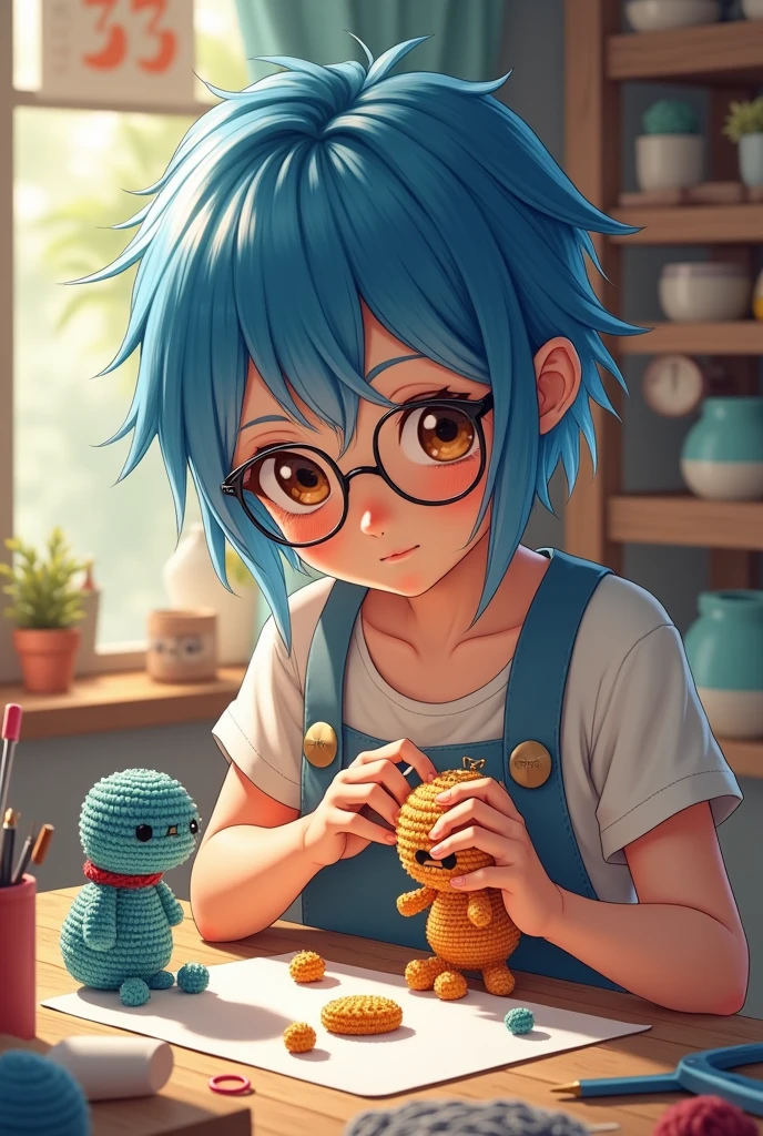 young woman with blue hair and brown eyes wearing glasses making amigurumi cartoon drawing