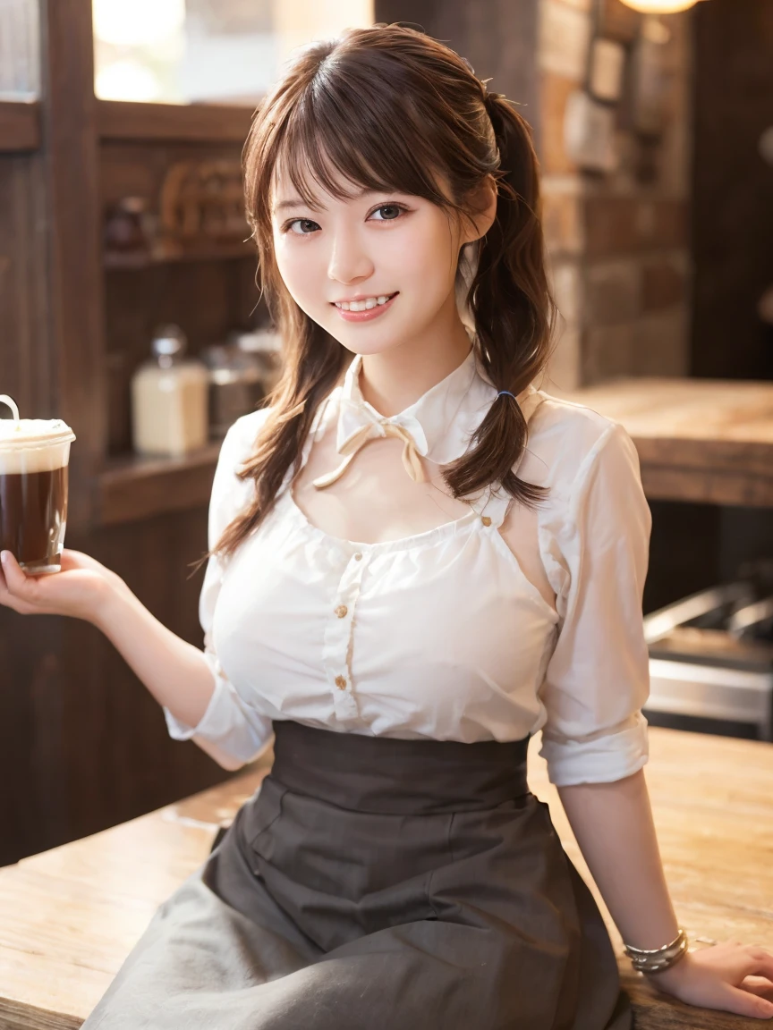 1 girl、(RAW Photos、Highest quality)、(Real、フォトReal:1.4)、Tabletop、Very delicate and beautiful、Very detailed、2k wallpaper、wonderful、Detailed、Very detailedCG Unity 8k壁紙、Super detailed、1、High resolution、((White waitress outfit))、Long skirt、Elegant skirt、Big Breasts、Frills、ribbon、Soft Light、Beautiful detailed girl、Cafeのウエイトレス、Medium Hair、Twin tails、smile、Happy Face、Cafe、coffee shop、Latte Art