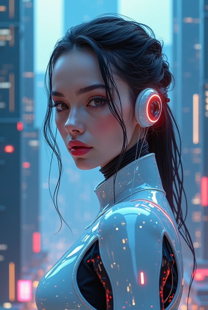 The magazine cover should feature a cyborg girl, organically integrated into advanced technologies, futuristic cityscape. Use the holographic overlay effect, to make the character and the city glow with a surreal and modern charm. Include augmented reality elements, which readers can interact with using their smartphones, to access additional digital content.
