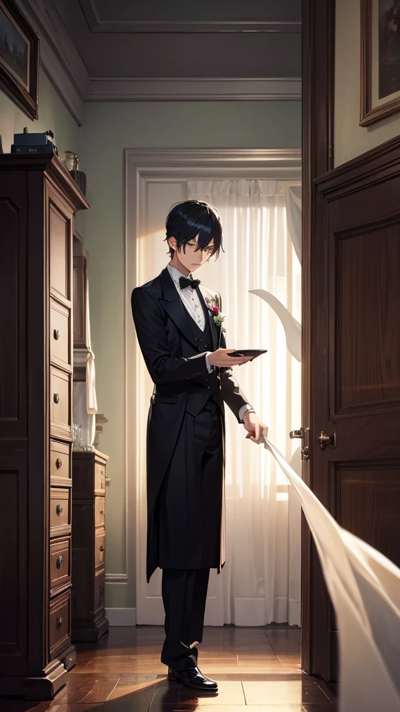 A butler suddenly appears in the room in the middle of the night。A ghost wearing a butler's uniform。scary effect。The background is a room in an ordinary apartment building.。Dark in the midnight field