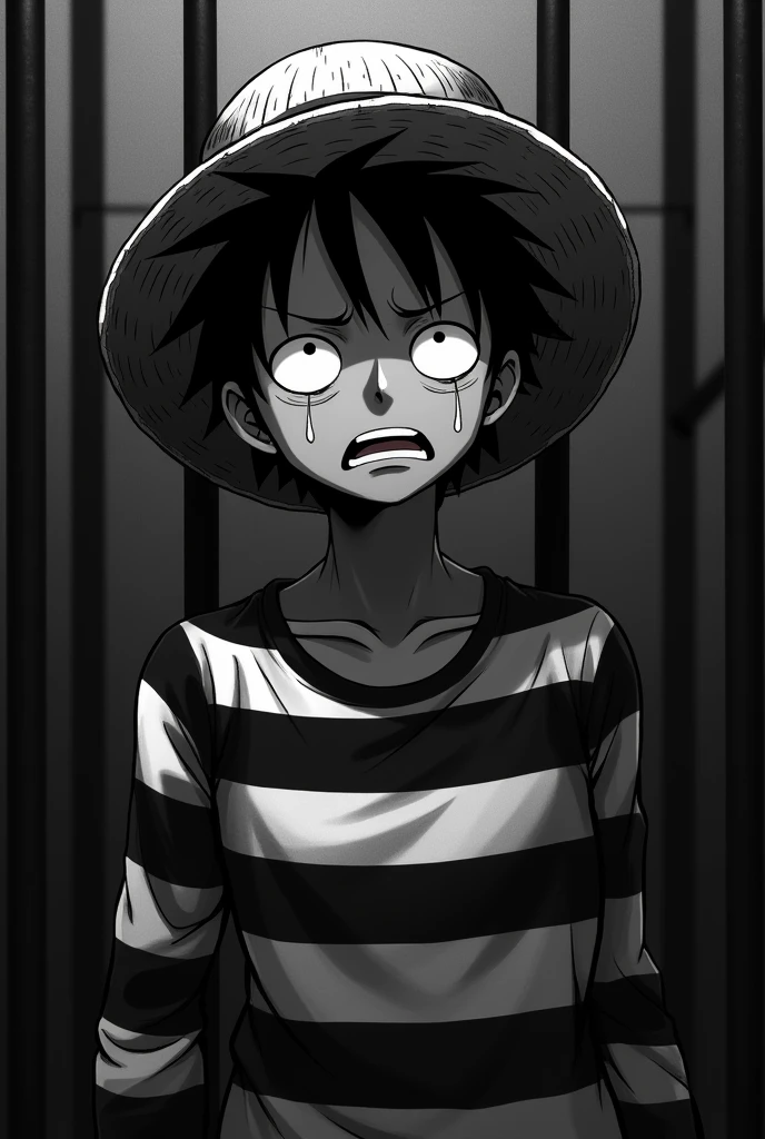 Monkey D. Luffy in a black and white striped long sleeve prison uniform with teary eyes and crying inside a jail