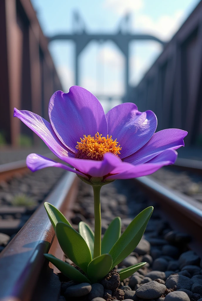 A purple shiny flower in railways line and flower is sweaty 
