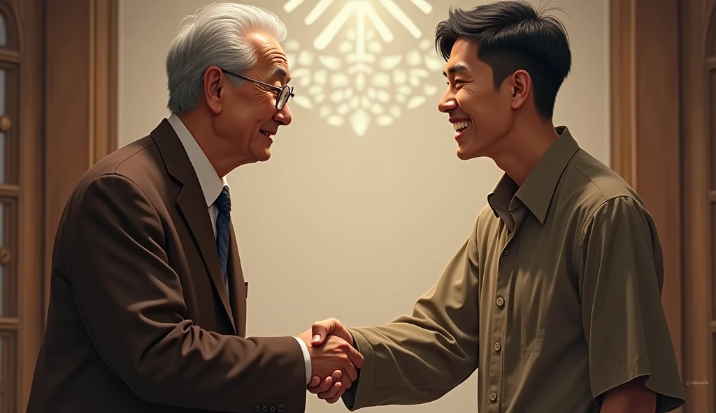 An old professor in a brown suit, wearing glasses reflecting profound ancient wisdom, short hair, and an Asian reflecting profound ancient wisdom shook hands with A 20-year-old man wearing a short-sleeved shirt, long pants, Asian with a grateful face and a smile.