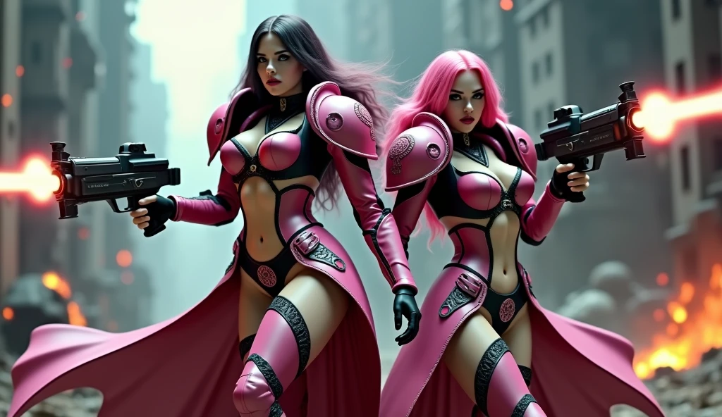 Full body pose sexy sisters of battle from the warhammer 40k, shooting at the enemy, red space marine armor with intricate details, black space marine armor with intricate details, symbols on the armor, sisters of battle, warhammer 40k, Massive exposed silicone breast, pale skin, seductive, temptation, eat your soul, clevage, long red flowing hair, long black flowing hair with purple highlights, heavy gothic makeup, at night, neon, beautiful detailed eyes, beautiful detailed lips, extremely detailed eyes and face, long eyelashes, highly detailed armor, intricate futuristic weaponry, dramatic lighting, cinematic composition, muted color palette, gritty and realistic, mecha, science fiction, hyper-detailed, photorealistic, award winning digital art, 8k, HDR, masters work, in the middle of a battle field, full body combat action pose, explosions and fire around, full war, stunning, Stilleto heels, high heels, full body pose, cinematic, movie trailer, final stand!, nemesis, ready to strike, dust and debree, combat screams, attacking, shooting at the enemy, running forward, last line of defense, charging, fanatic, religious, templar knights, sisters of battle, warhammer 40k, shooting at the enemy, bimbo gigantic exposed breast, jetpacks, space marine, stilleto heels, cinematic light, cameltoe pussy, beautiful pussy, wet pussy, wet body, oiled body, gigantic breast, dynamic super sexy combat action pose