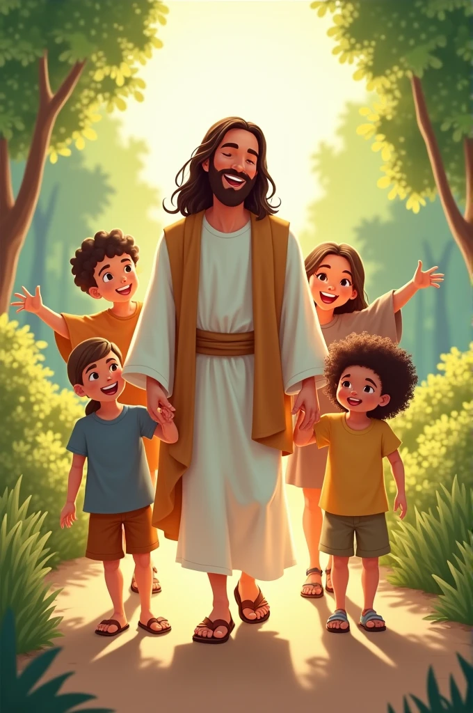Jesus walking with children cartoon