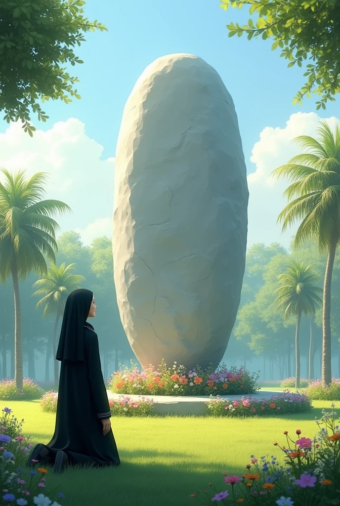 Real photography style, mid-shot, front angle, on the green grass, stands a very tall oval rock, the surface is clean, flat and smooth, without patterns, 3 meters in diameter and 5 meters high, the stone monument stands in the colorful flowers, a 30-year-old Asian nun kneels in front of the stone and looks at the stone, back view, the nun is wearing a black nun's uniform, the background is a tree-lined park environment. There are palm trees, morning, sunny, blue sky, soft white clouds, gentle warm light, the picture is beautiful, full of vitality, clear and bright, super clear, high quality.