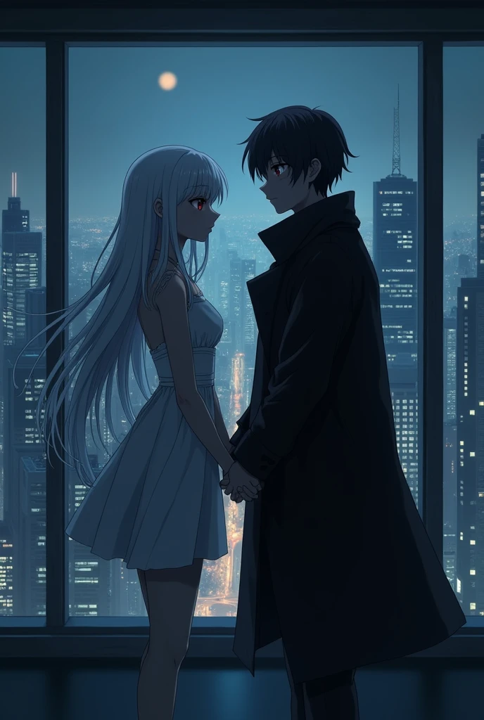 The image is anime style cowboy bebop and Darker than black with shadows and dim lights, anime style although somewhat adult and dark, It shows a single 26-year-old albino woman., white hair and red eyes, and long hair, She is wearing a short white dress and is holding hands with a 2 black-haired man wearing a long black windbreaker.. They are both in a room that has glass walls from which you can see the daytime image of a large city.. They both look ahead