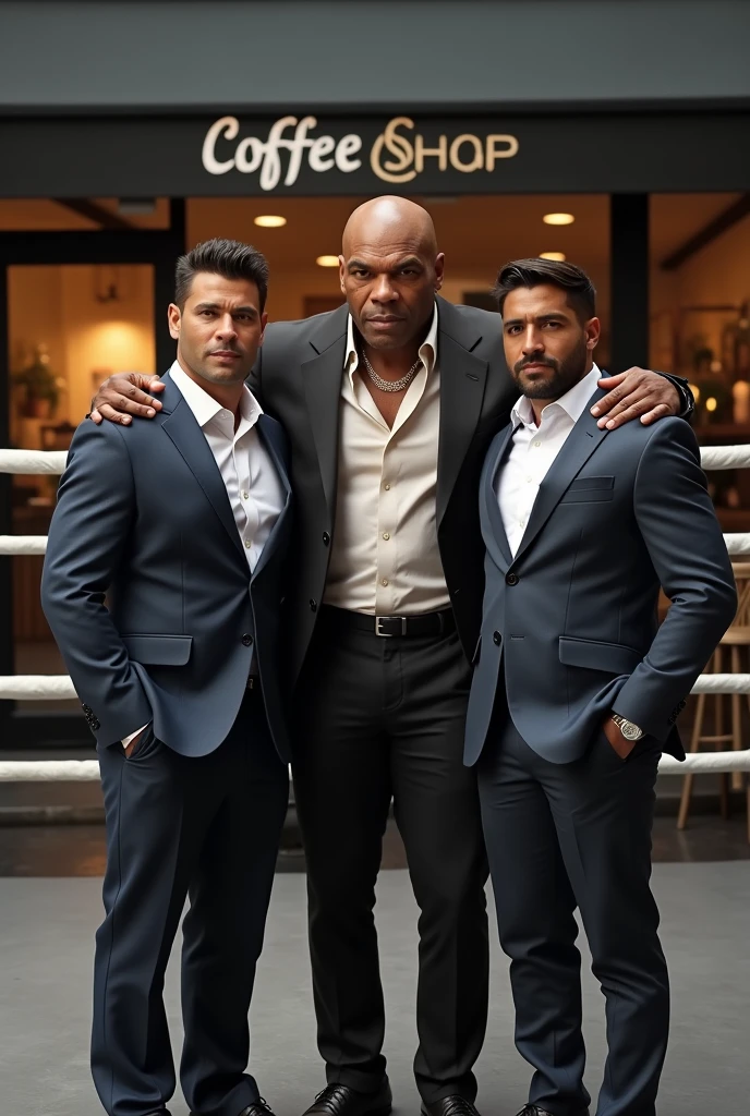 two men, a man with neat hair, which, 2, a little bit small,posing with legendary boxer Mike Tyson, Wearing a neat suit, standing in the ring, coffee shop front background, realistic, UHD.
