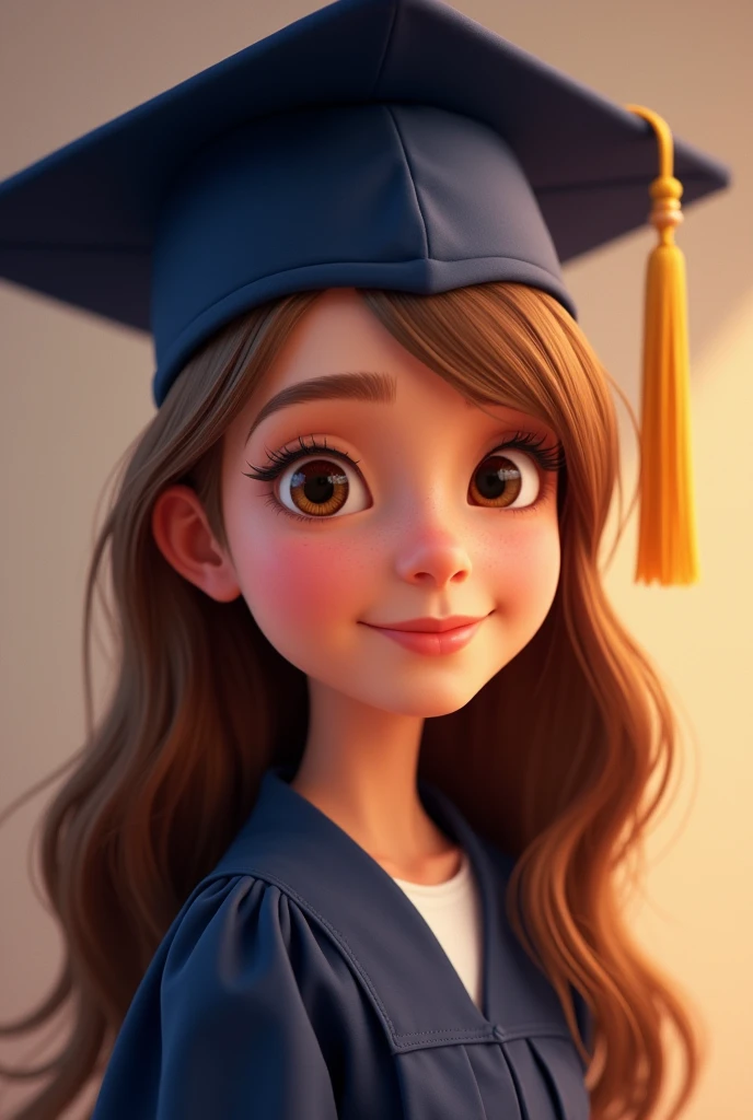 GENERATES A FEMALE PIXAR GRADUATE WITH LIGHT BROWN HAIR THAT LOOKS CLOSER WITH HER HAIR DOWN AND DARK BLUE DEGREE CAP.
