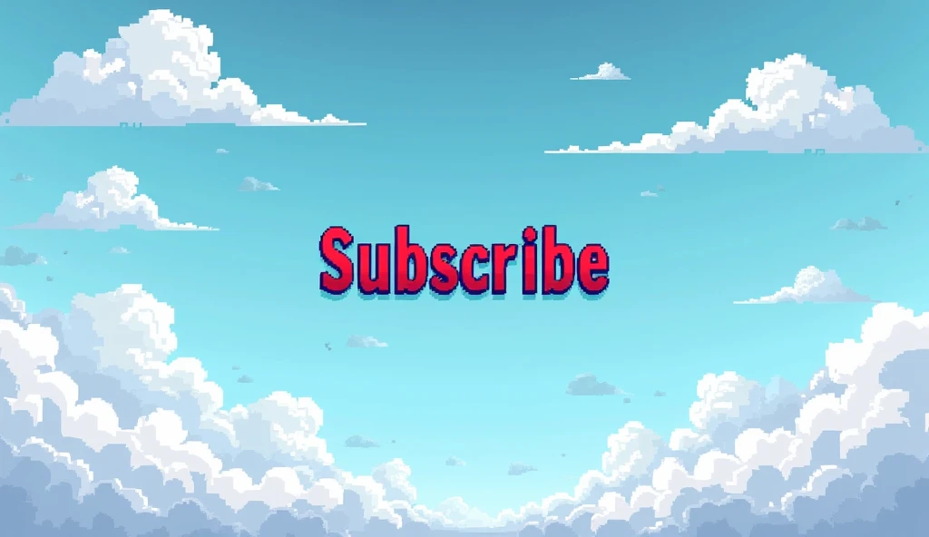 Pixel art for a youtube banner written capital in middle smaller sizesubscribe with stylish robotic font and with a sky background with clouds