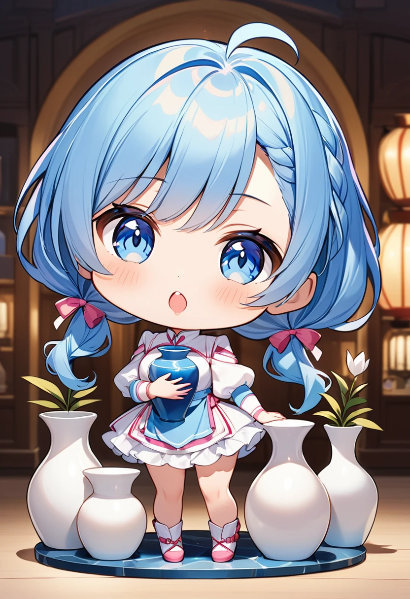 Highest quality、High resolution、Detailed Background、Beautiful face in every detail、Anatomically correct、Detailed facial expressions、fine grain、((full body, from front:1.5)), break　((One Girl:1.5)、((Chibi Girl:1.5)))、Bright pretty hair color、Big beautiful blue eyes、Fuller lips、Pink Lips、Braided twintails、Ahoge、break　((Making a vase on the potter's wheel:1.5))、(Cute potter costume、Cute Shoes、Cute hair accessories)、break　(Open your mouth a little:1.5、A very happy look:1.5)、((In the background, there are many pottery pieces on the shelves.、Many broken pots and vases、autumn leaves、early morning))