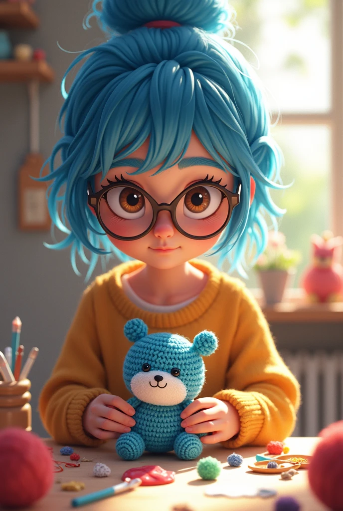 young woman with blue hair and brown eyes wearing glasses making amigurumi cartoon drawing