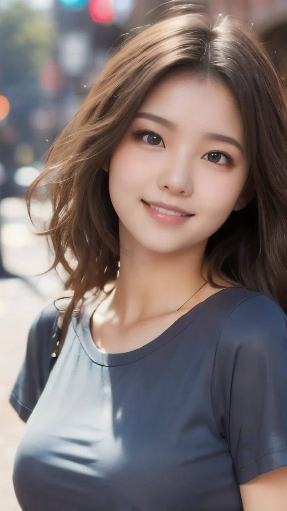 8k,Highest quality,(masterpiece:1.2),(Realistic),(Realistic:1.37),Ultra-high resolution,1 female college student,Long Wavy Hair,smile,Beautiful Eyes,Beautiful teeth alignment, In town,(((T-Shirts))),Big Breasts,Perfect body,Perfect Fingers,Professional Lighting,gravure,Detailed face and skin texture,fine grain,RAW Photos