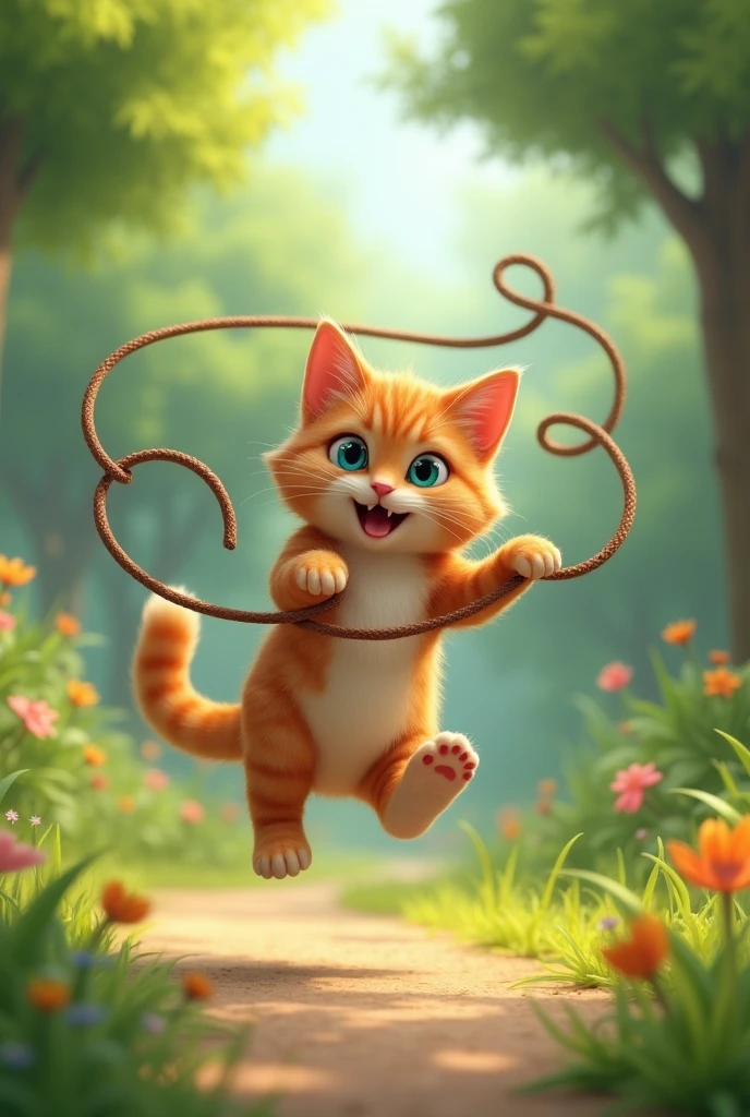 "A playful cat jumping rope in a park, surrounded by greenery."