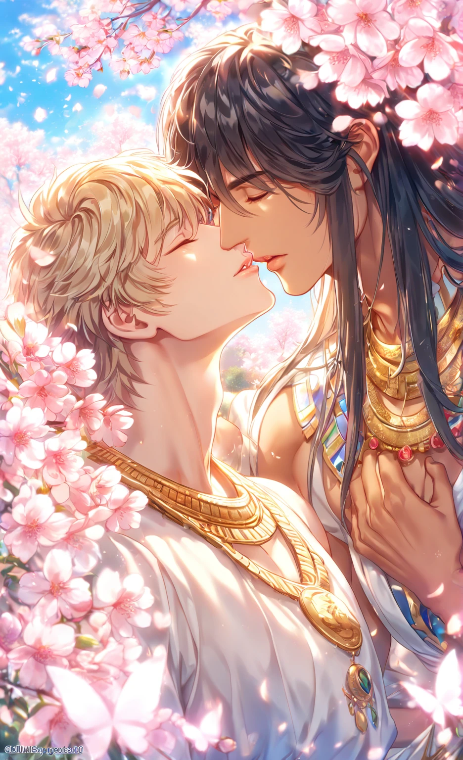 High resolution, ultra detailed, high quality, absurd resolution, HDR, best quality, master piece, detailed eyes, delicated features, tanned skin, Mimi, black long hair, expressive yelloweyes, goodbye, My King, Zhang Li, ash-blonde short hair, expressive redeyes, two men hugging, yaoi, gay couple, handsome, in love, showing the chest, white tunic, golden necklace, Egyptian, fantasy, magical, pink flowers, pink glittering butterflies, cherry blossoms, blue sky, garden, crystal light
