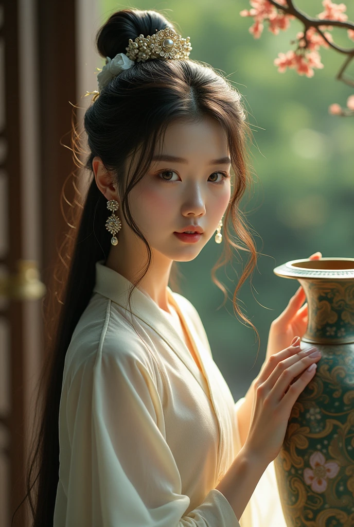 a beautiful girl in traditional chinese dress touching a large human sized antique Chinese case, detailed face, long hair, elegant posture, antique chinese vase, intricate floral patterns, natural lighting, photorealistic, highly detailed, 8k, ultra-detailed, realistic, masterpiece, cinematic lighting, warm color palette, detailed fabric textures, flowing dress, delicate jewelry, pensive expression, serene atmosphere, natural setting, lush greenery, muted colors