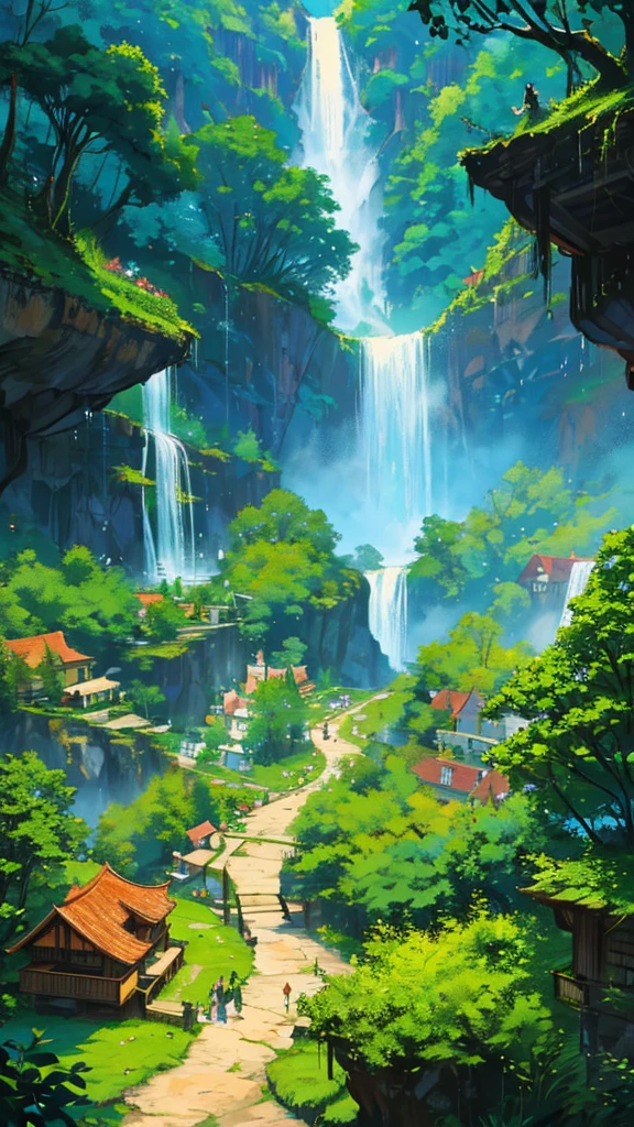 A hidden village nestled within a lush forest, with houses built into the trees and connected by rope bridges. A massive, glowing waterfall cascades down a cliff nearby, its waters sparkling with magical energy.