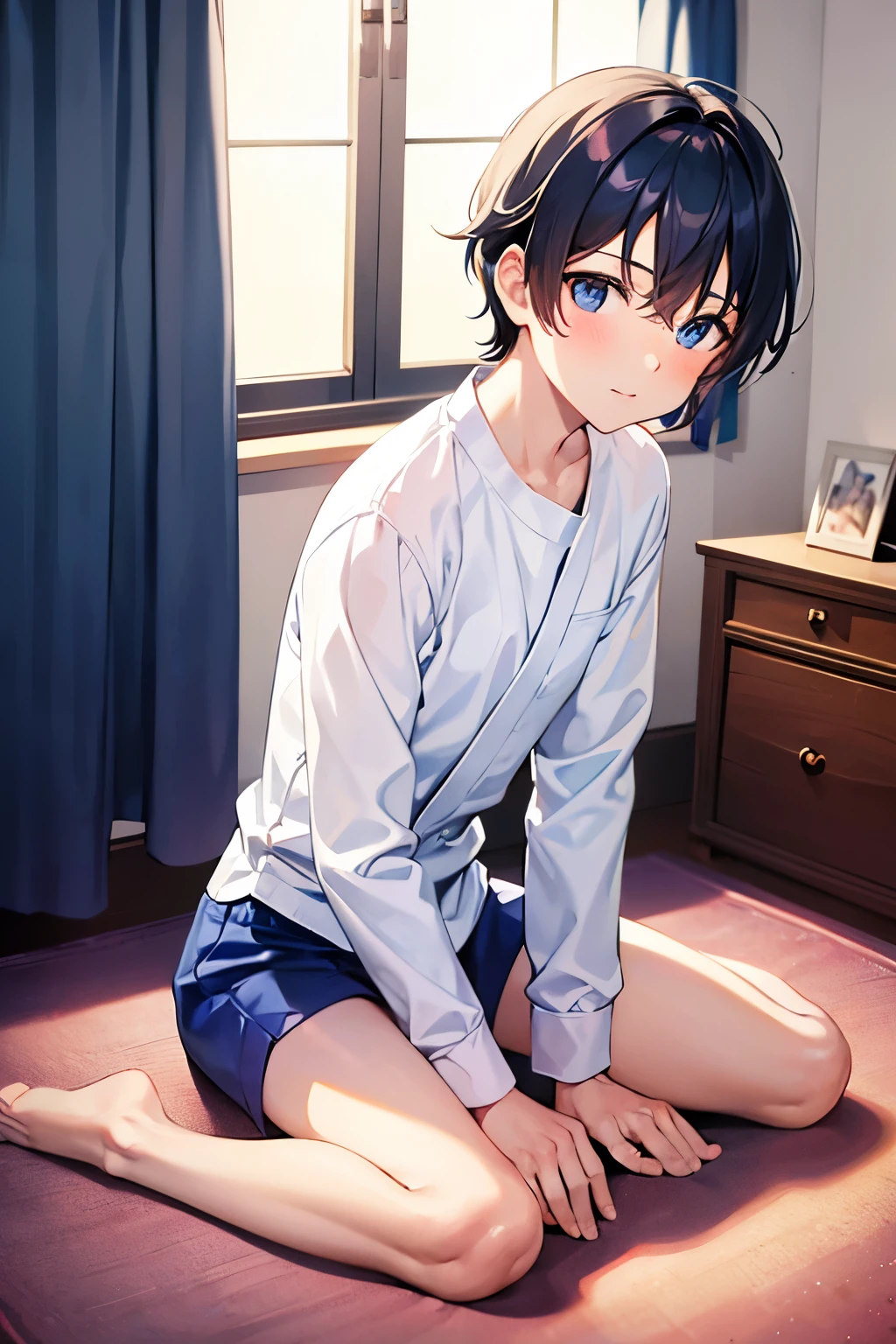 a boy in a bedroom, wearing a white long-sleeve shirt and blue underwear, sitting in the seiza position,