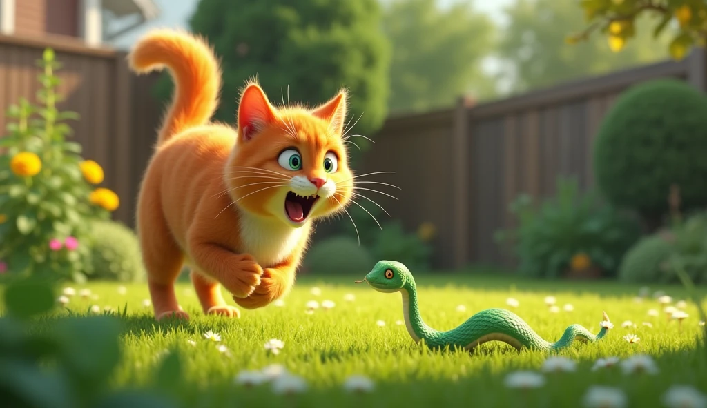 View of the backyard of the house with a small garden. A large adult orange cat, looks scared while being chased by a baby green snake. The cat&#39;s fur puffed up in fear, and his eyes were wide open as he tried to escape from the snake, that crawls quickly behind him. The background includes a grassy yard., some plants, and a wooden fence in the background. The overall atmosphere was light and pleasant.
